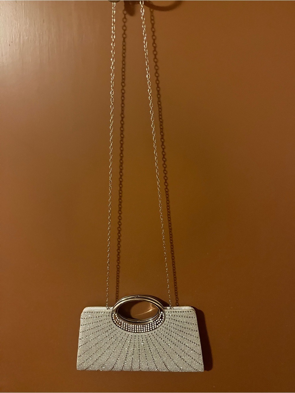 Crystal-Embellished White Evening Clutch with Chain Strap
